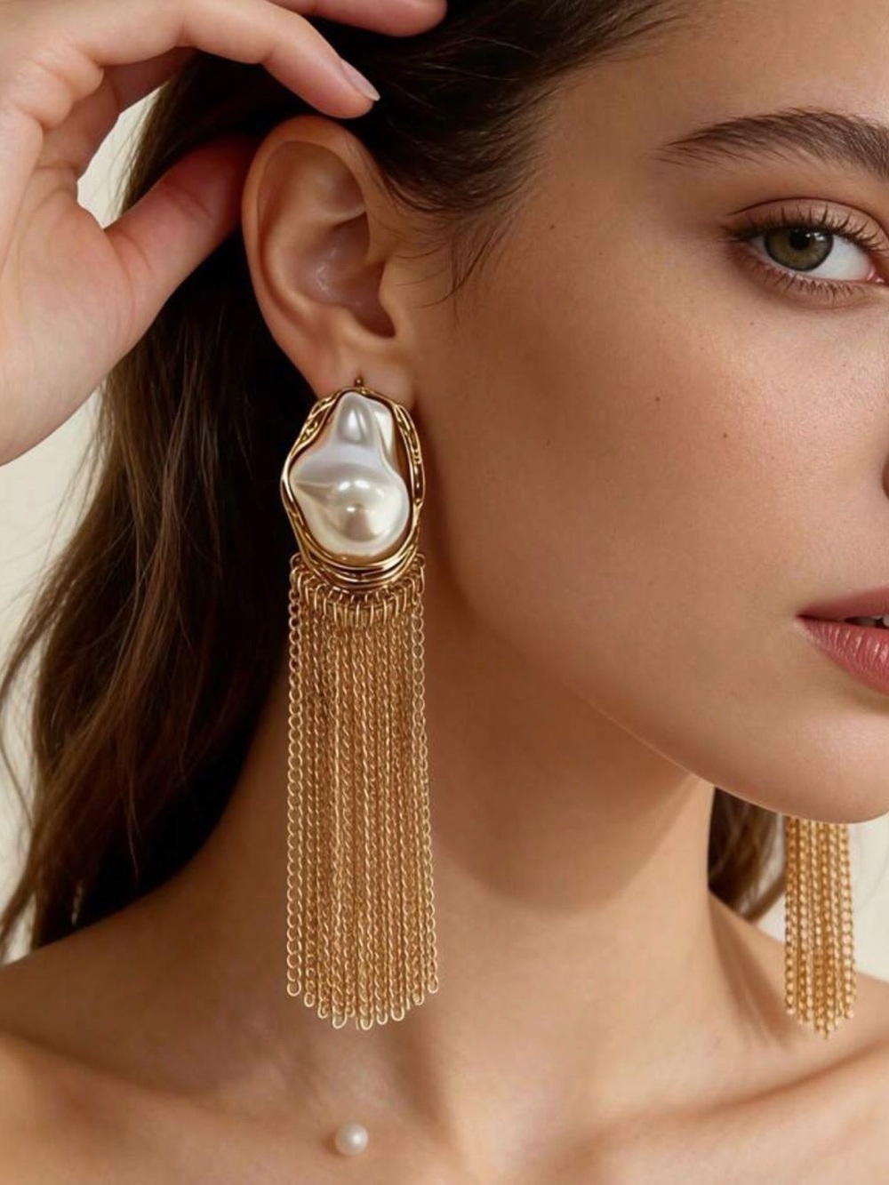 Gold Pearl Fringe Drop Earrings
